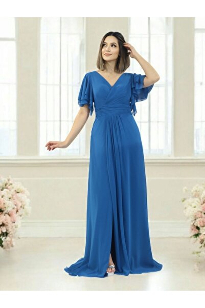 FaBe Fashion VALON KOLLU BELİ DRAPELİ KRUVAZE YAKA YIRTMAÇLI ŞİFON ELBİSE