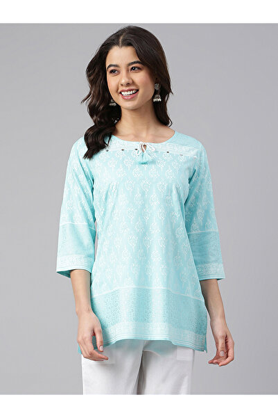 IndHeritage Turquoise cotton top with ethnic prints perfect for office / casual wear