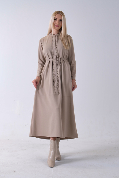 Feminist Belden Bağlamalı Yaka Fırfır Detaylı Düğme Kapamalı Elbise Bej 4571574