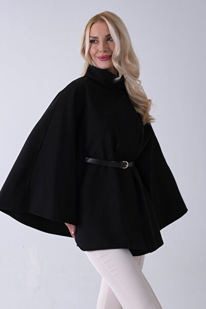 Feminist Hakim Yaka Tek Düğmeli Kemerli Panço Siyah 31050725