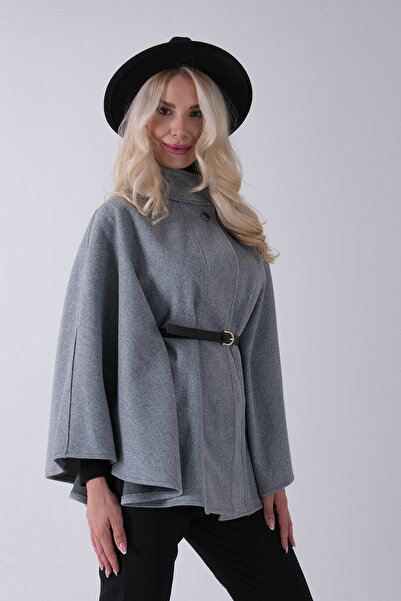 Feminist Hakim Yaka Tek Düğmeli Kemerli Panço Gri 31050725