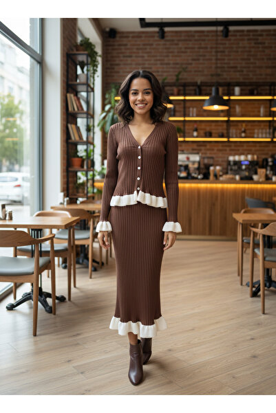 TrendParis Ribbed Ruffle Detailed Skirt Blouse Knitwear Set