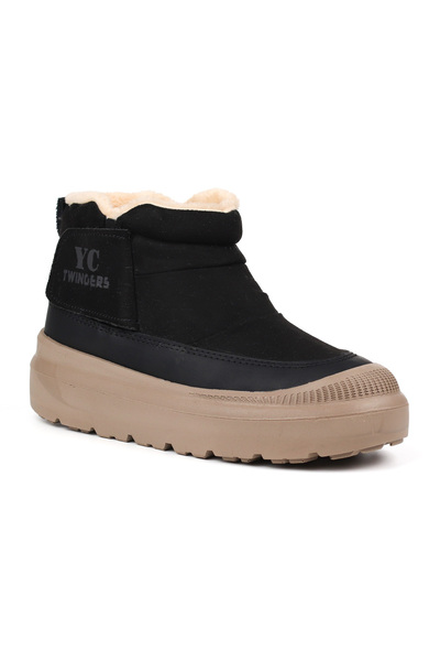 KAJILA Women's Black Beige Daily Fur Boots - Thick Soled, Zippered