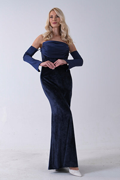 Feminist Drapeli Takma Kol Detaylı Kadife Abiye Lacivert 0801068