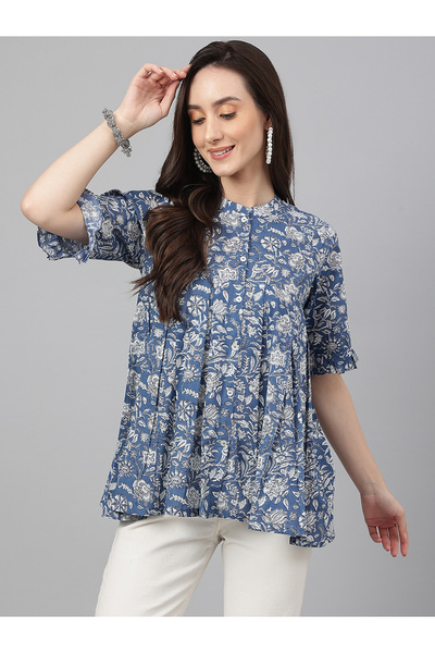 IndHeritage بلوزة قطنية باللون الأزرق الداكن مع طبعات زهور بيضاء مثالية للمكتب أو الملابس غير الرسمية