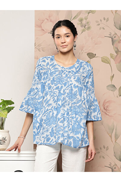 IndHeritage قميص أزرق فاتح مع طبعات زهور بيضاء مثالي للمكتب / الملابس غير الرسمية