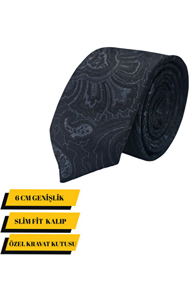 Elegante Cravatte Slim Fit Grey Color Shawl Pattern Tie - Special Boxed