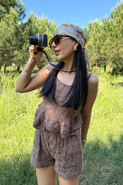 Seda Yalçın Atelier Crochet Set with Coffee-Colored Suspender Shorts