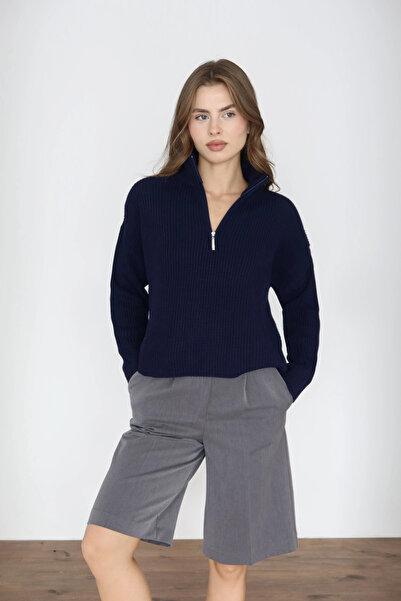 Park Karon سترة تريكو أساسية بسحاب قصة فضفاضة باللون الأزرق الداكن للنساء