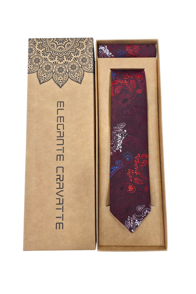 Elegante Cravatte Slim Fit Shawl Patterned Burgundy Color Tie - Special Boxed
