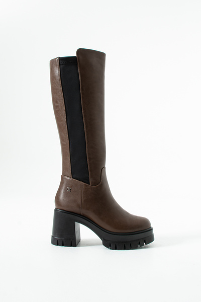 Gökçe Shoes Olive Kahve Yan Streç Detay Kadın Topuklu Çizme