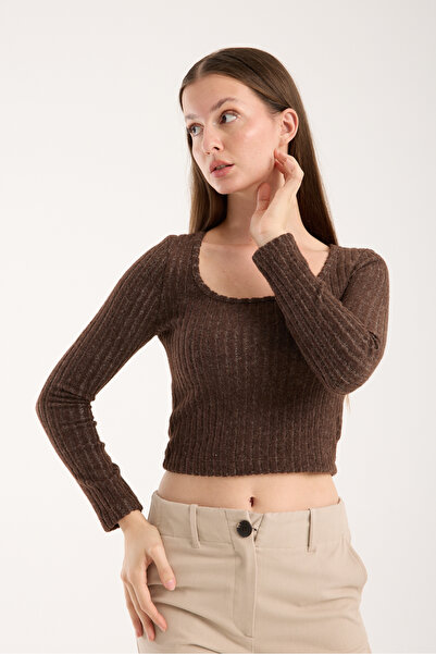 FOORS Γυναικεία πλεκτά με τετράγωνο λαιμόκοψη καφέ μπλούζα