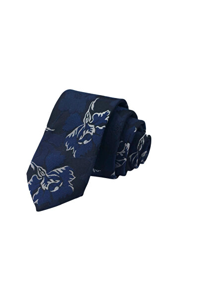 Elegante Cravatte Γραβάτα με λεπτή εφαρμογή με λουλουδάτο σχέδιο σε μπλε ναυτικό χρώμα - Με ειδικό κουτί