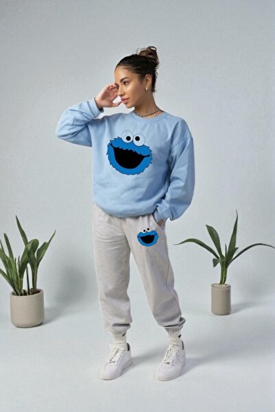 Wish BF supradimensionat Blue Monster cu imprimeu cu glugă Set de trening pen...