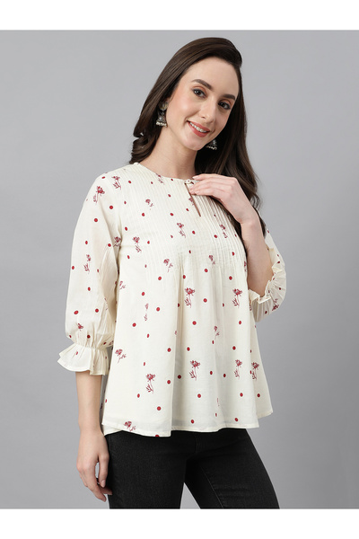 IndHeritage White cotton top with floral & dotted maroon prints perfect for office / casual wear