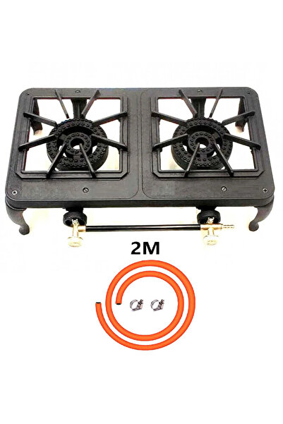 Generic موقد غاز ذو شعلتين - أسود مع لي غاز 2 متر