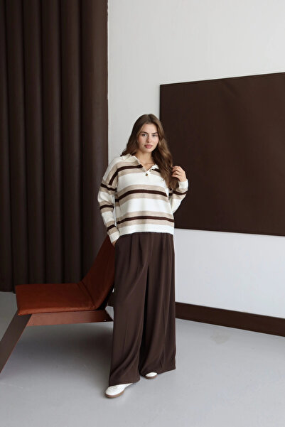 Park Karon Women's Bone Oversize Striped Polo Neck Knitwear Sweater