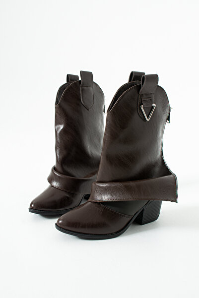 Gökçe Shoes Sayda Kahve Fermuar Detay Kadın Western Topuklu Bot