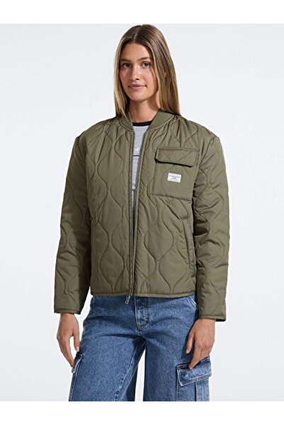 Guess Women's Quilted Coat with Pockets and Zipper - Khaki