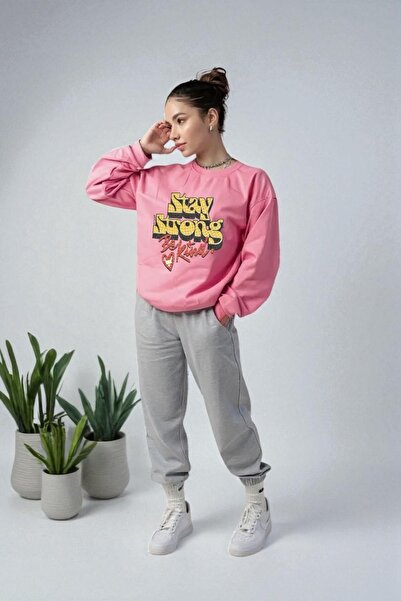 Wish BF supradimensionat Stay Strong cu imprimeu cu glugă Set de trening de i...