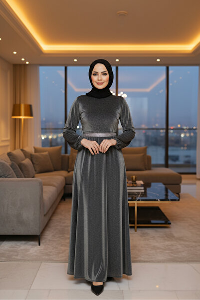 ALA MİRA Simli Füme Tesettür Abiye Elbise ALM42541FU
