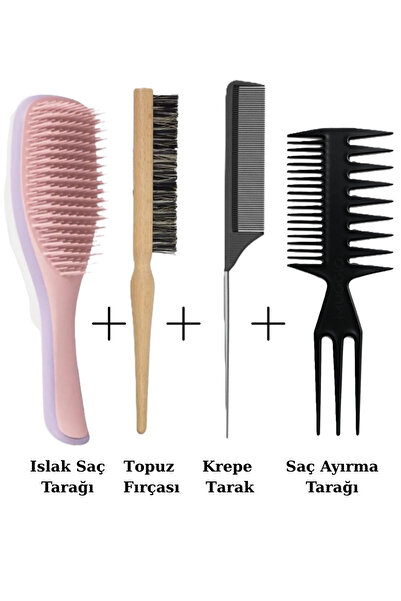 Nofella 4'lü Tarak Seti, Islak Saç Tarağı+Topuz Fırçası+Çelik Saplı Krepe Tarak+Saç Şekillendirme Tarağı