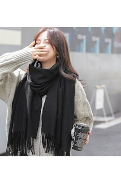 PriStyle Eșarfă de iarnă, material moale și călduros, ciucuri decorativi, versatilă, confortabilă, neagră, 200 cm x 70