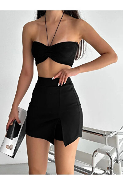Mivelya Kadın Yüksek Bel Yırtmaç Detaylı Siyah Şort Etek
