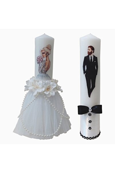 OEM Set 2 Lumanari Cununie, diametru 7 cm lungime 35 cm la care cea a miresei este cu fusta din tull alb