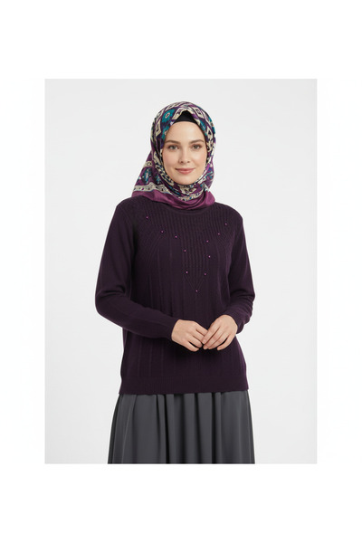 Oppland سترة نسائية شتوية محبوكة بياقة دائرية مزينة بالخرز مريحة وذات تصميم كامل