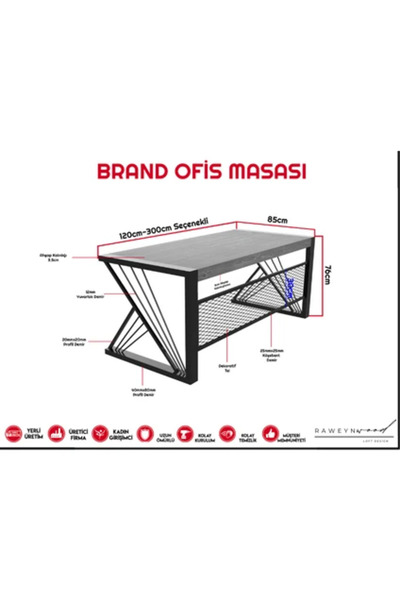 raweyn Masif Ahşap Ofis Bilgisayar Masası 220*85*76 cm-Siyah Metal Ayak- Game Desk