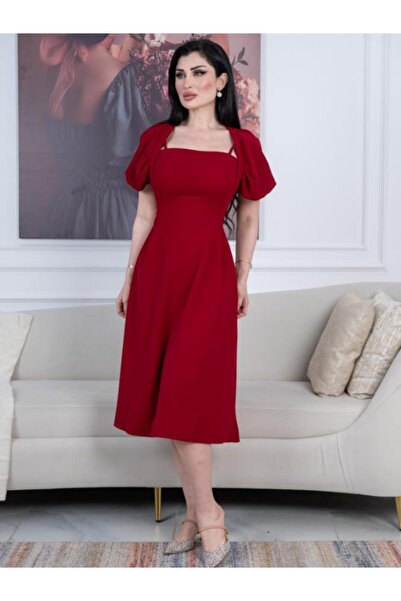 TREN Women Red Square Neck Midi Dress Short Puff Sleeves Retro Cocktail Evening Crepe