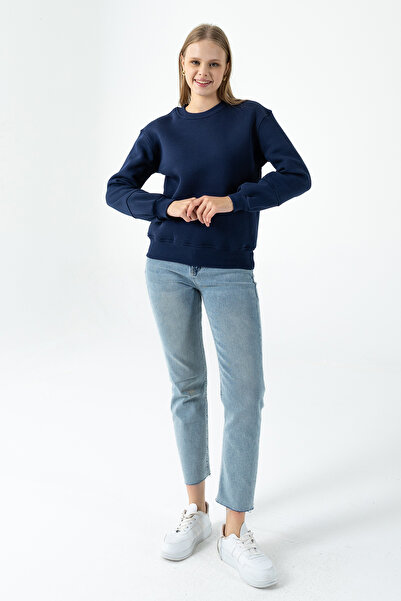 GİYSA Women's Crew Neck Sleeve Piece 3-Thread Raised Sweatshirt Navy Blue - 2513