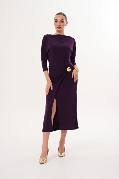 MILANOFOX Gold Tokalı Yırtmaçlı Asimetrik Omuz Midi Elbise | Abiye, Kokteyl, Mezuniyet, Davet