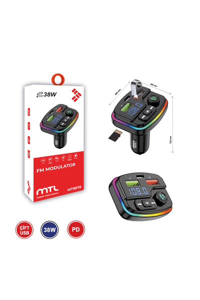MTL 38W PD ve QC Destekli Type-C Çıkışlı Bluetooth FM Modülatör, RGB Işıklı H...