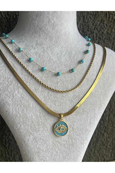 BURÇİN AKSESUAR Eye-Shaped Detailed 3-Piece Steel Necklace Combination Hooks ...