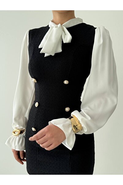 Butik Fiyonklu balon kol İnci düğmeli şık tasarım kısa elbise