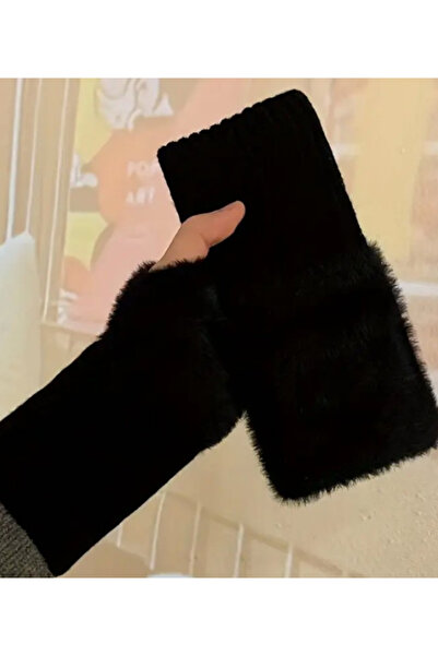 SOSYETEZGAHI Women's Black Furry Half Gloves Half Finger Back Gloves