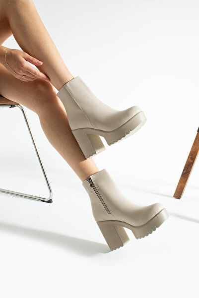 Gökçe Shoes Kristel Krem Platform Taban Kadın Topuklu Bot