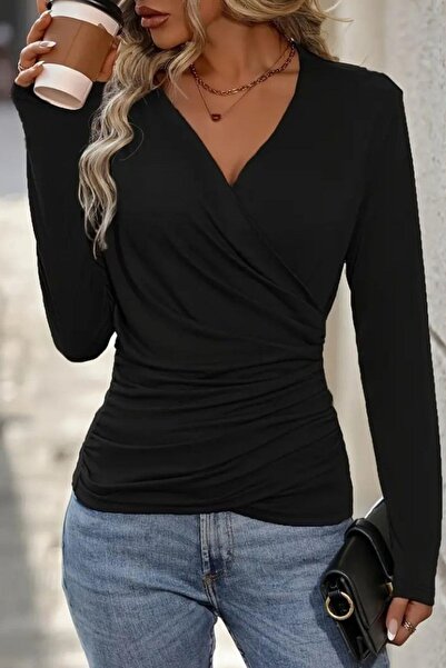 Mossta decolteu petrecut în V Bluză din viscoză cu șnur - Negru