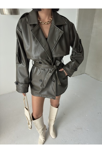 BEJNA Kadın Haki Kuşaklı Suni Deri Trençkot