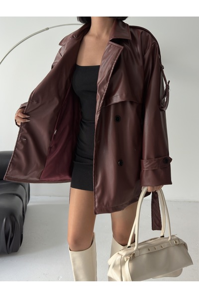 BEJNA Kadın Kahverengi Kuşaklı Suni Deri Trençkot