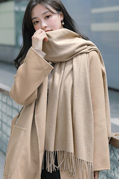 PriStyle Fular de Iarna Elegant din Material Moale si Calduros cu Franjuri Decorative, Crem, 200 cm x 70 cm