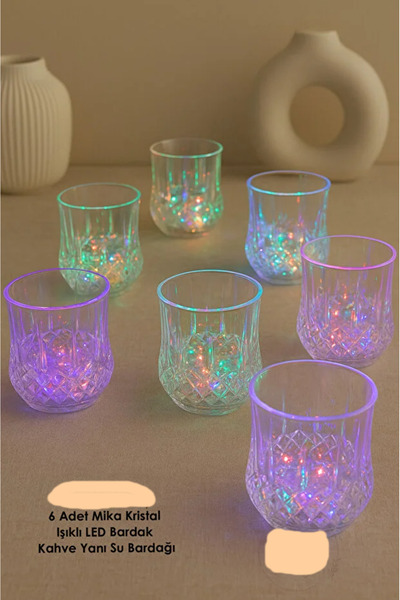 AYGÖREN HOME 6 Adet Mika Kristal Işıklı LED Bardak Otomatik Aktif Yanıp Sönen Renkli Parti Kahve Yanı Su Bardağı