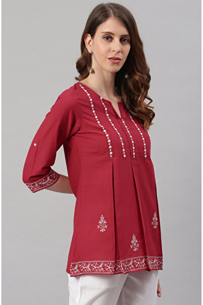 IndHeritage Dark red cotton top with white thread works perfect for office / casual wear
