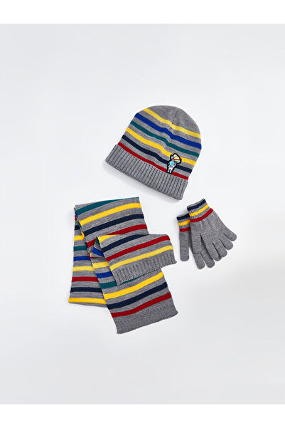 LC Waikiki Eșarfă, beretă și mănuși pentru băiat cu model de dungi gri