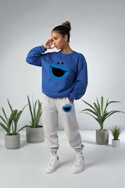 Wish BF oversized Blue Monster με τύπωμα με κουκούλα Σετ φόρμας χειμερινό Βαμ...