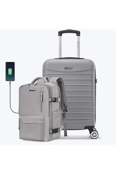 Quasar & Co. Set troler cabina si rucsac,55x35x20cm/43x30x20cm,bagaj mana, troller avion,Priority Pack,argintiu