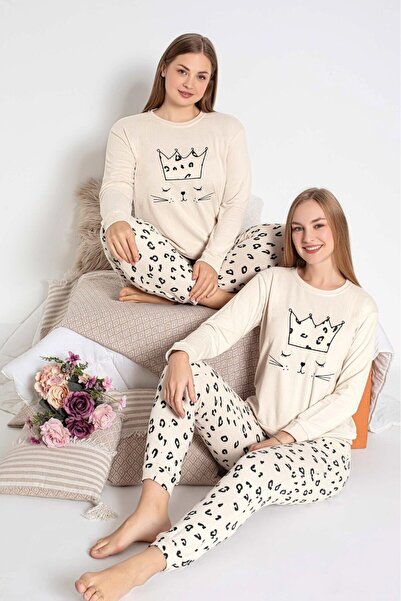 GUAVA+ Set de pijamale pentru femei, cu gâtul rotund, fără nasturi, termic de iarnă, cu mâneci lungi, cu buzunare