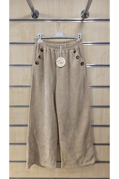 Park Moda Wide Leg Velvet Pants with Button Detail